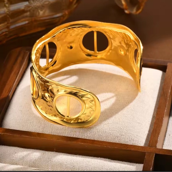 Retro Cuff 18K Gold Stainless Steel Silk Blue Scarf Bracelet - Picture 4 of 5